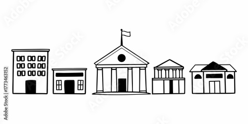 Illustration of a row of various building types including a bank and an apartment complex design drawing