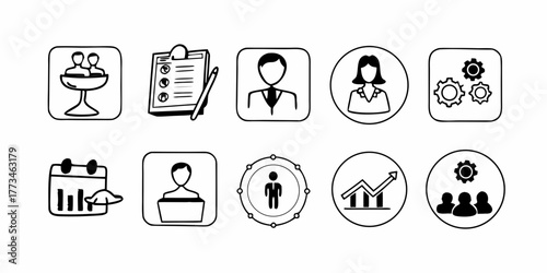 Collection of business themed doodle icons including people charts and gears in black and white style