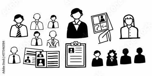 Doodle style illustration showcasing various candidates and job application related elements in black and white