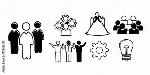 Illustration of people, gears, a speaker on a podium, and a lightbulb in black and white format