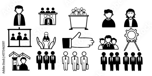 Collection of business and management icons depicting teamwork leadership and organization in black and white