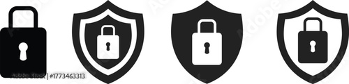 Black shield and lock icons symbolizing security and protection, ideal for cyber, app, or data privacy design themes.