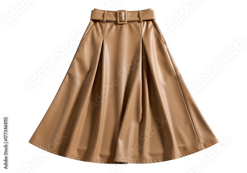 Elegant tan faux leather midi skirt with a belted high waist isolated on transparent background
