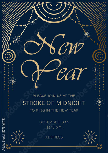 New year stroke of midnight party template invitation. Art deco golden pattern on dark blue background. Design layout for restaurants, hotels events, home holiday parties.