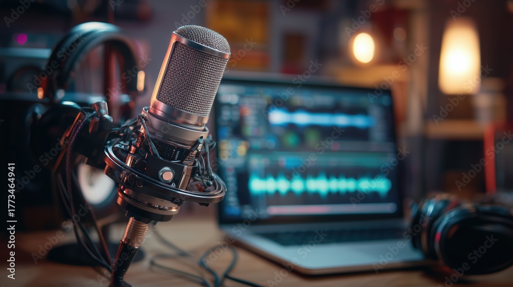 Fototapeta premium Professional microphone in home studio with headphones and laptop setup for audio production