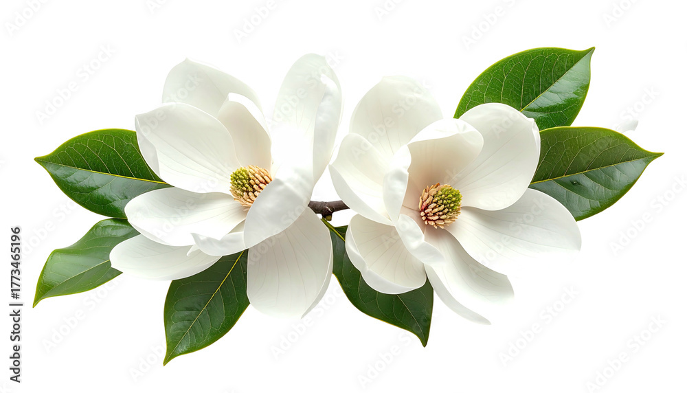 Obraz premium Two white magnolias bloom with large green leaves on black