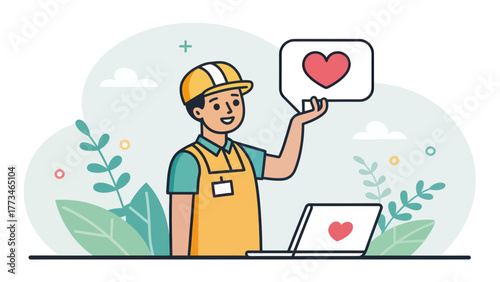 A smiling social worker holding a heart in a speech bubble