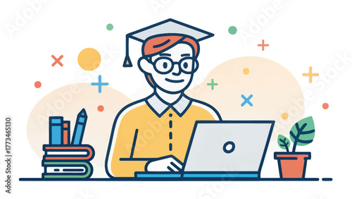 A student wearing cap using a laptop for online tutoring