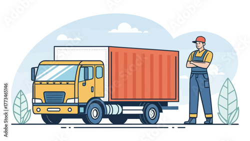 A Yellow Truck with Cargo and a Driver Standing Beside It