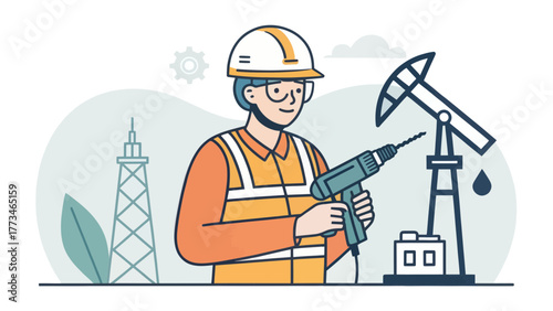 Engineer with a drill by an oil rig in construction