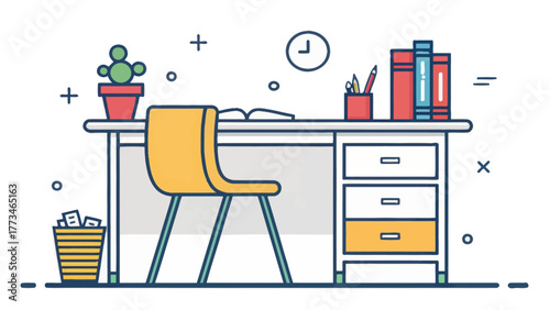 A student desk with chair books and writing tools displayed