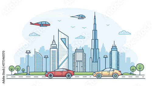 Futuristic skyline of buildings with cars and flying vehicles
