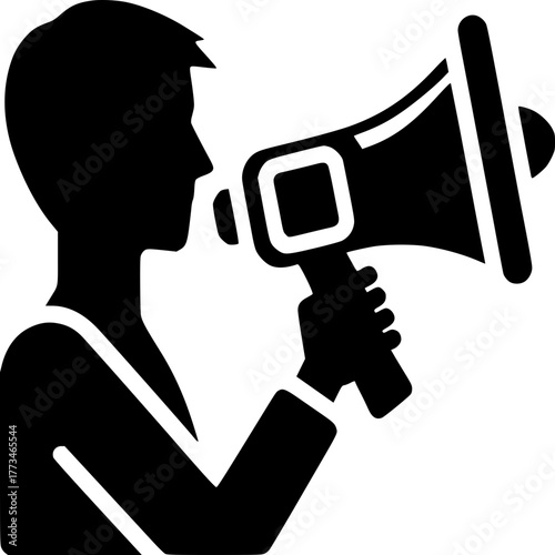 The Voice of Influence: Silhouette of an individual commanding attention, amplifying a message through a megaphone, emphasizing communication and proclamation.