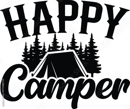 A black silhouette of a tent and pine trees with the words Happy Camper, isolated on a white background.