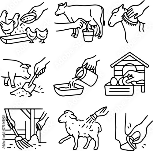 set of icons for raising and caring for domestic farm animals at home, for web design, stickers, branding and decor