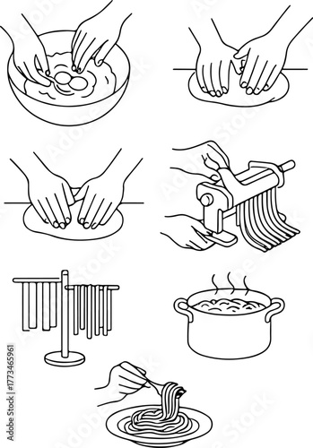 set of icons of stages of instructions for cooking pasta and other various macaroni at home, for web design, stickers, branding and decor