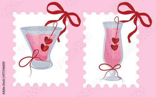 set of stamps with designs of glasses for various drinks for Valentine's Day, for web design, stickers, branding and decor