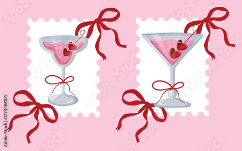 set of vector stamps with drink designs, namely with martini glasses of various shapes with bows, for web design, stickers, branding and decor