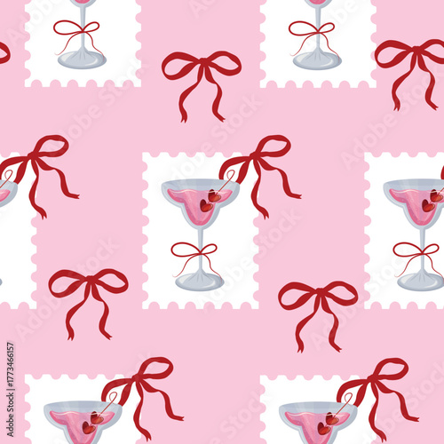 Valentine's Day stamp pattern with round martini glass design and red bows, for web design, stickers, branding and decor