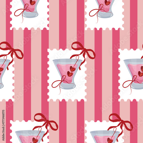 pattern with stamps with the design of small glasses for various drinks and red bows on a pink background, for web design, stickers, branding and decor