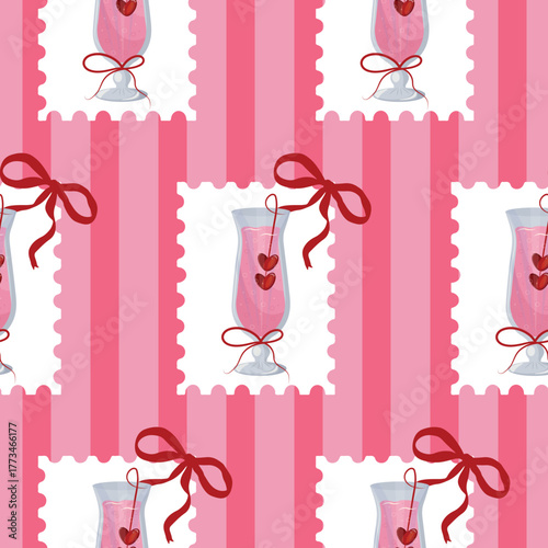 pattern with stamps with the design of tall glasses for various drinks for Valentine's Day on a pink background, for web design, stickers, branding and decor
