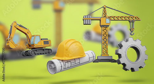 Construction Project Elements Crane, Excavator, Helmet and Blueprint