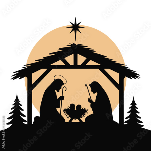 Nativity scene silhouette of Joseph, Mary, and baby Jesus in a manger under a starry sky.