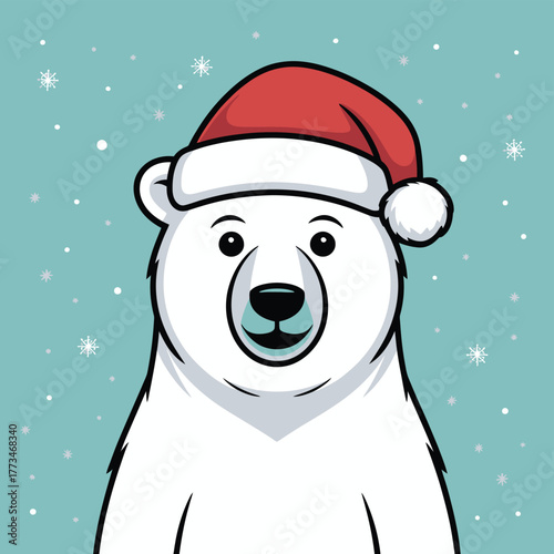A cheerful polar bear wearing a Santa hat, surrounded by falling snowflakes.
