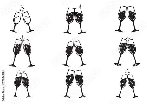 Champagne glasses icon Set, Champagne glasses silhouette vectors