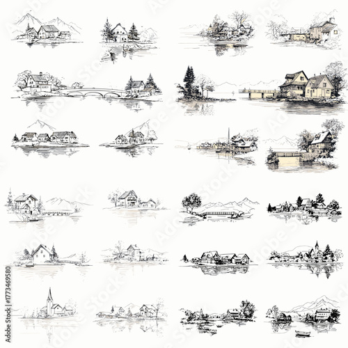 Elegant hand-drawn ink sketches of countryside houses, cabins, and lakeside cottages in minimal vintage style. Perfect for architecture design, travel illustration, and rural landscape projects.