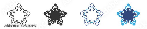 Meeting collaboration icon set. , Top view of five people sitting around round table in negotiation meeting icon, vector illustration . 