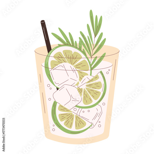 Gin and Tonic vector illustration. Hand drawn flat style design of the classic cocktail in an old fashioned glass, filled with ice cubes and garnished with fresh lime slices, aromatic rosemary sprigs