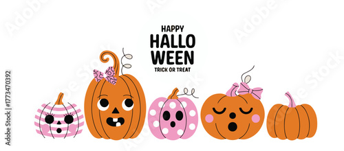 Cute Halloween pumpkins vector illustration featuring happy trick or treat text and whimsical decorations
