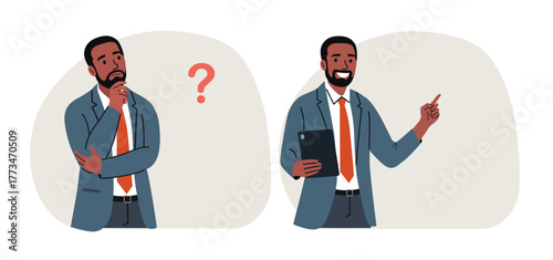 Young businessman thought about it and came up with an idea. Flat style cartoon vector illustration.
