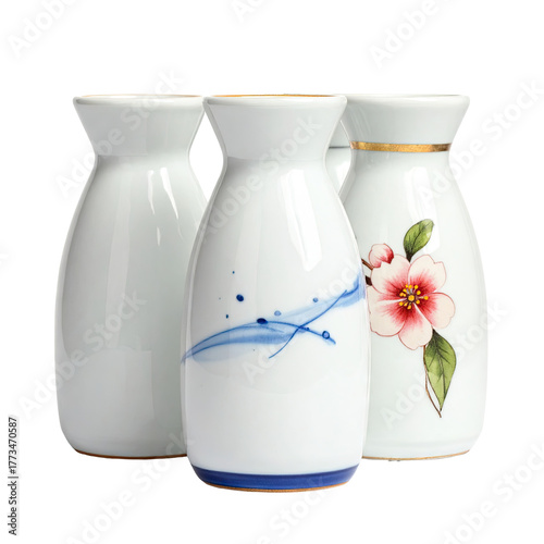 Three white ceramic bottles with varying painted designs and gold accents