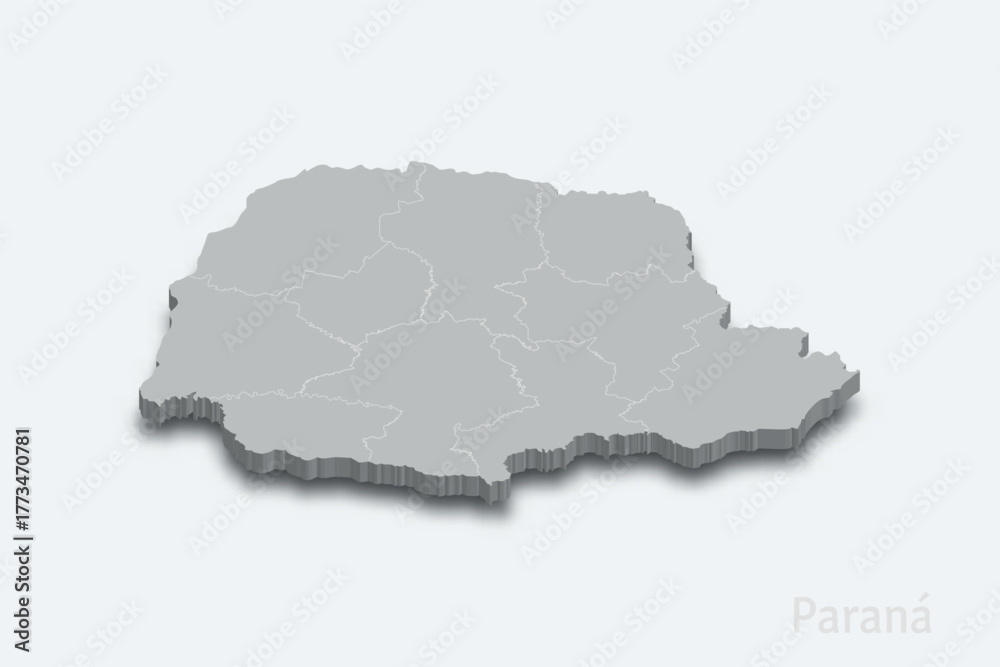 Fototapeta premium Parana 3d map with borders regions. State of Brazil
