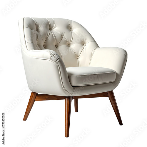 Cream-colored, button-tufted armchair with wooden legs, isolated on black