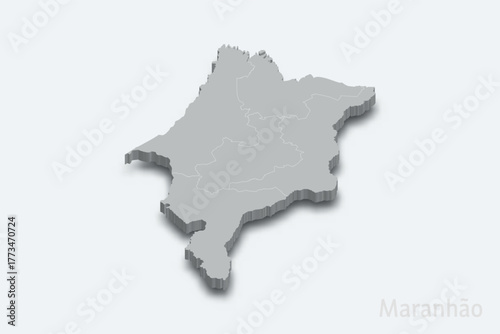 Maranhao 3d map with borders regions. State of Brazil