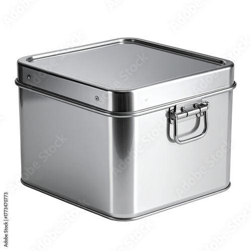 Shiny, square metal container with lid and clasp on a black background