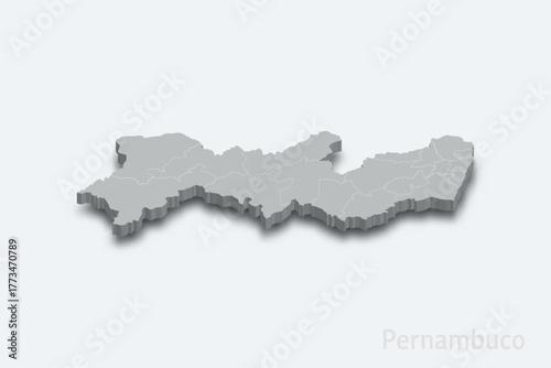 Pernambuco 3d map with borders regions. State of Brazil