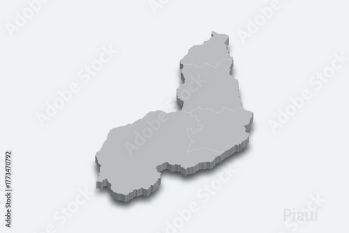 Piaui 3d map with borders regions. State of Brazil