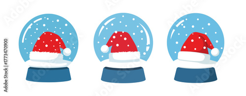 Three cartoon snow globes with Santa hats inside, set against a snowy blue background.