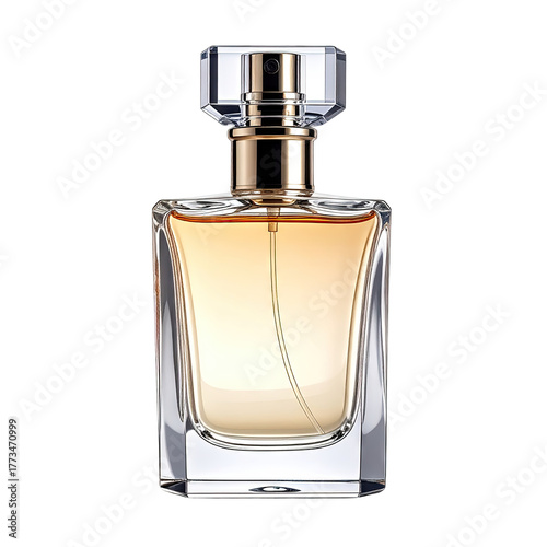 Elegant rectangular perfume bottle with clear faceted cap and golden sprayer against black
