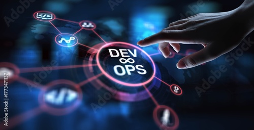 DevOps Development and Operations Integration for Efficient Delivery, projection on a virtual screen, Business and Technology Concept.