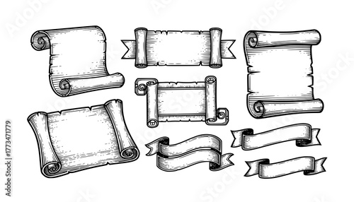 A scroll or banner parchment paper ribbon band in a vintage woodcut style
