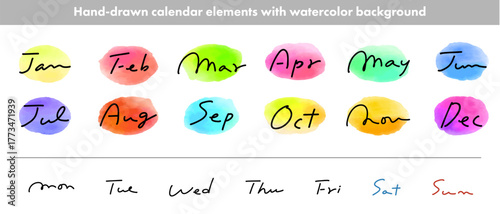 手書きのカレンダー_12ケ月＋曜日,水彩のあしらいつき_ベクター｜Hand-drawn calendar Jan–Dec with watercolor decorations – Vector