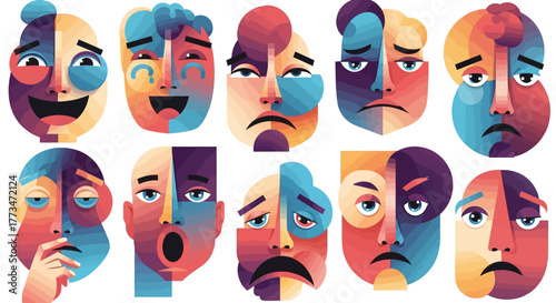 Creative geometric vector faces expressing various emotions in colorful modern style.