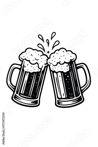 Vector illustration of two frothy beer mugs clinking together in a toast