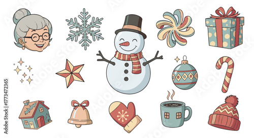 Cheerful Christmas and Winter Holiday Icons Featuring a Snowman, Present, and Festive Ornaments