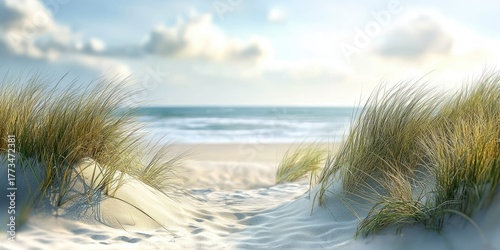 Fototapeta Naklejka Na Ścianę i Meble -  A serene beach scene with dunes, grass, and the ocean in the background, with a clear blue sky and white clouds.